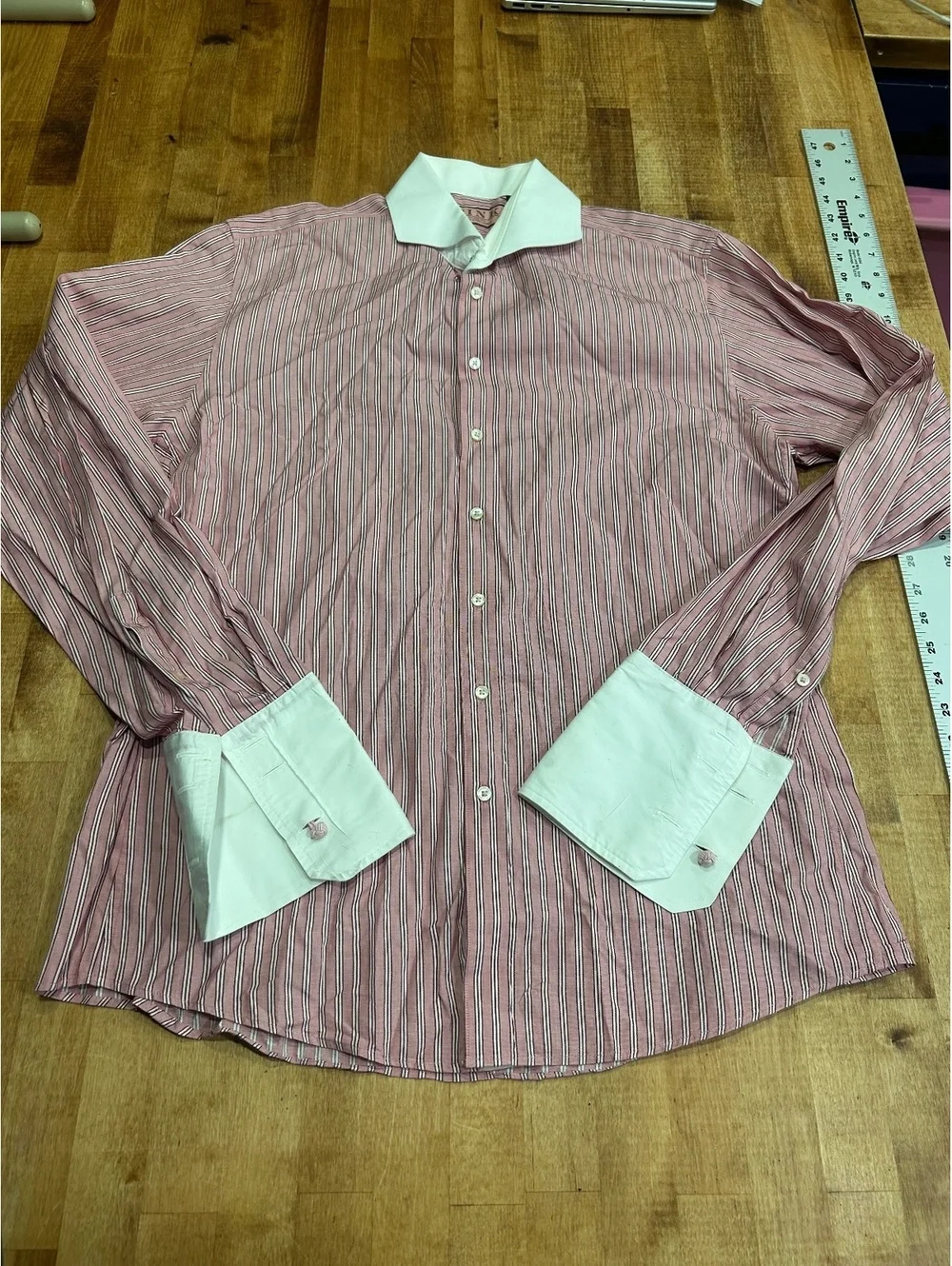 Thomas Pink Slim Fit Pink Striped Dress Shirt with White Collar and Cuffs